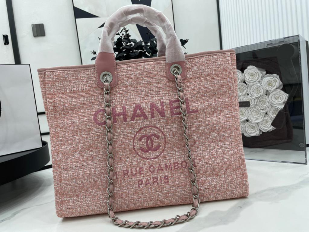 Ch**el Deauville Tote Bag 14.9in/ 38cm Pink Silver-Hardware For Women A66941