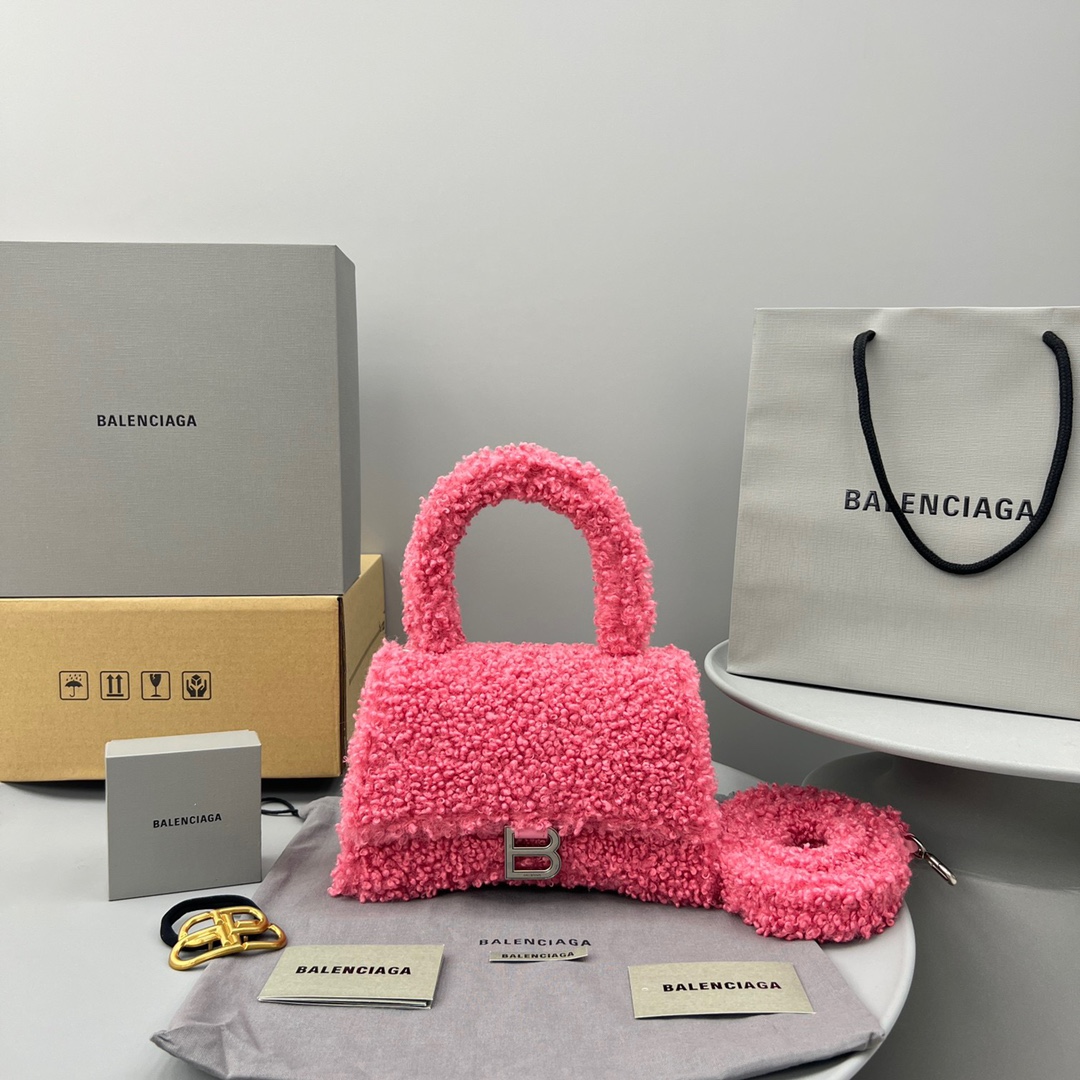 Ba1en*iaga Furry Hourglass Small Handbag Black/Grey/Pink For Women‎ 9.4in/23.8cm 676365210FU1000