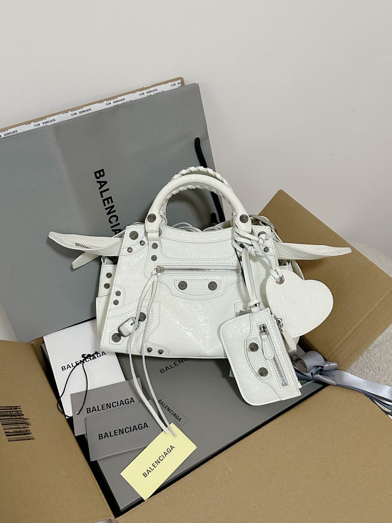 Ba1en*iaga Neo Cagole City Small Handbag White/Silver For Women‎ 10.5in/27cm 222342F046015