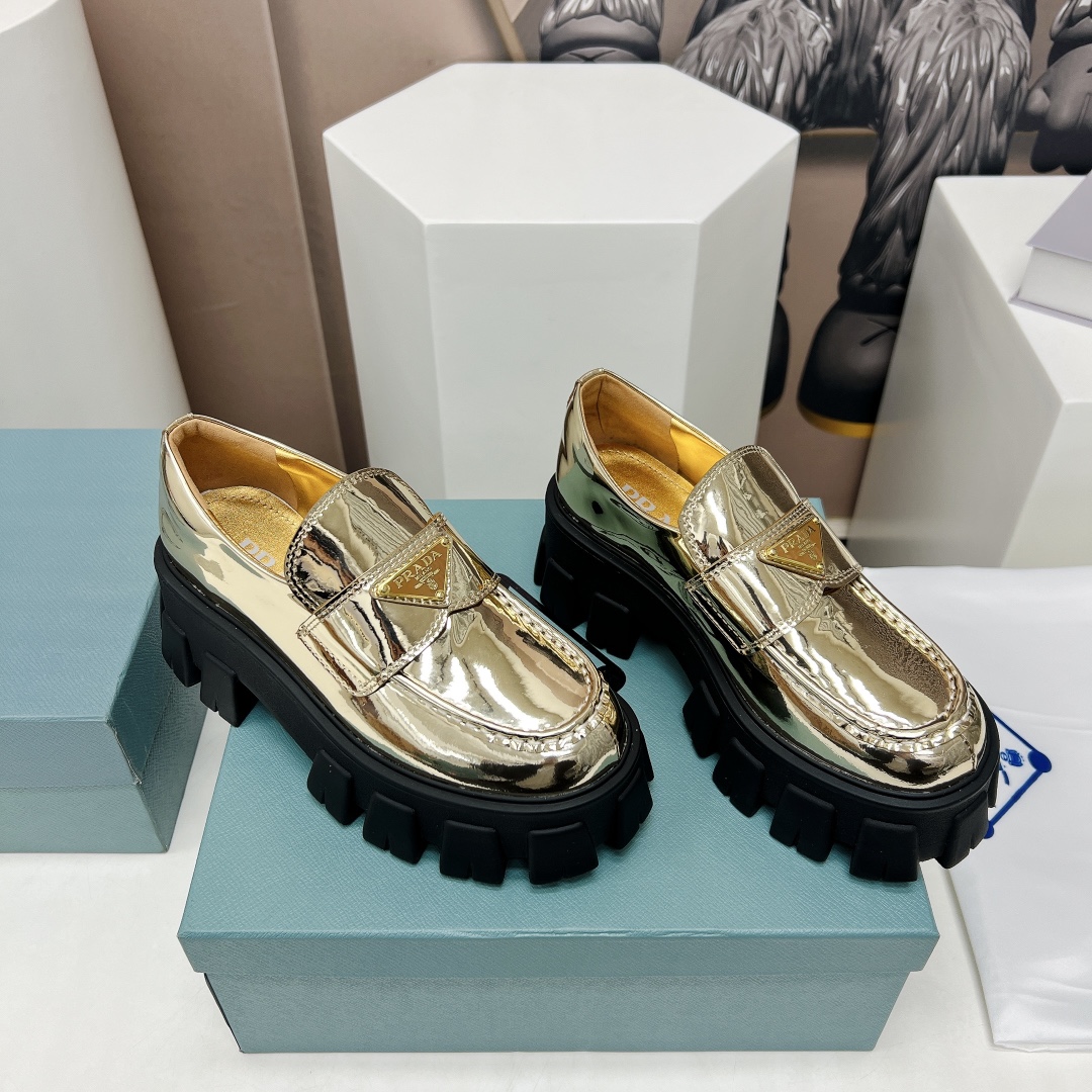 Pra*a Monolith Ombré Brushed Loafers Gold Tone For Women 2.1 in/ 5.5cm