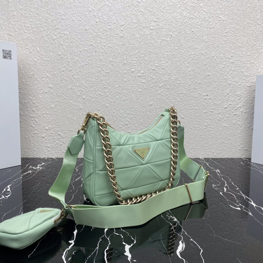 Pra*a Padded Hobo Bag Beige/Green For Women 9.5 in / 24 cm 1BC151_RDJN_F0F24_V_O1O