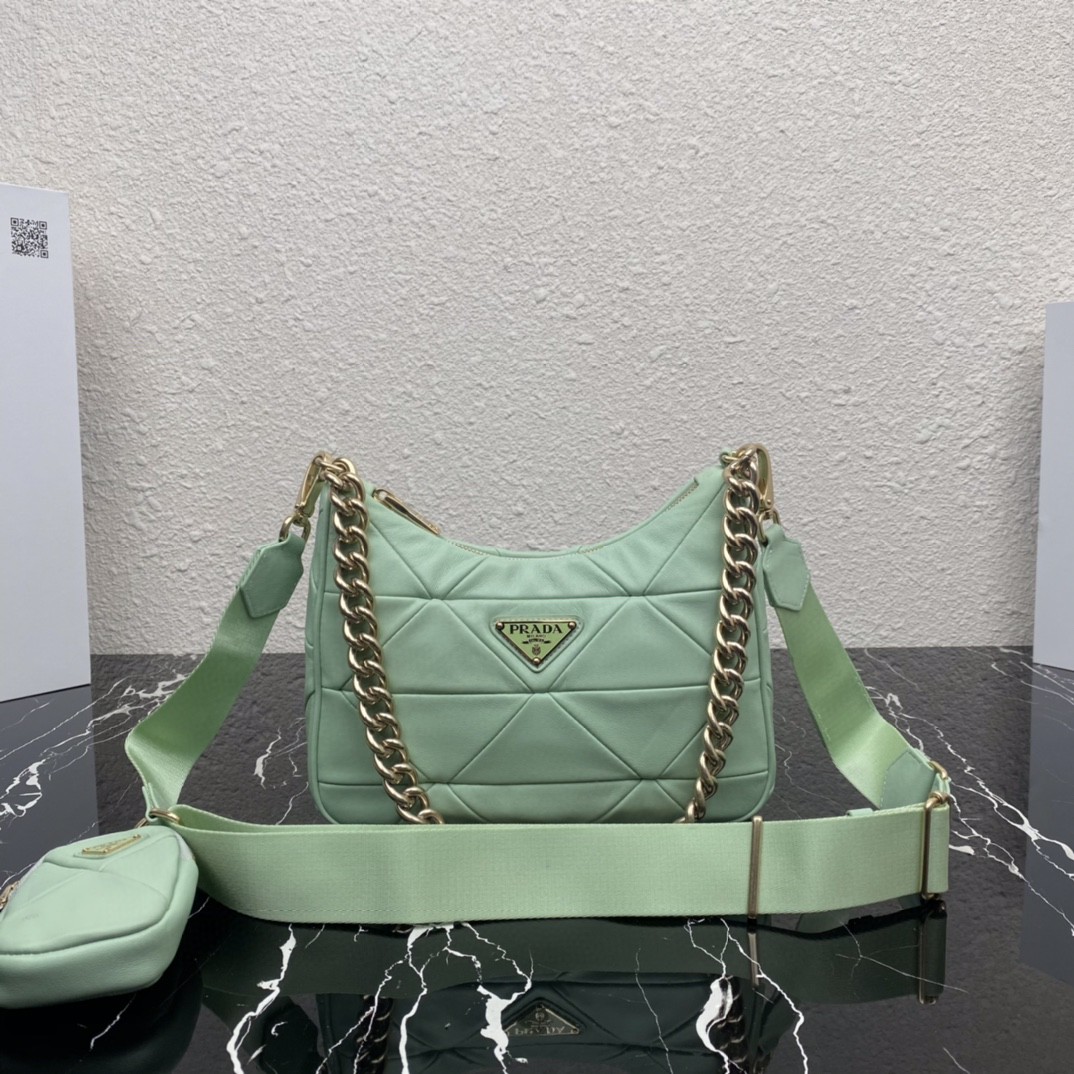 Pra*a Padded Hobo Bag Beige/Green For Women 9.5 in / 24 cm 1BC151_RDJN_F0F24_V_O1O