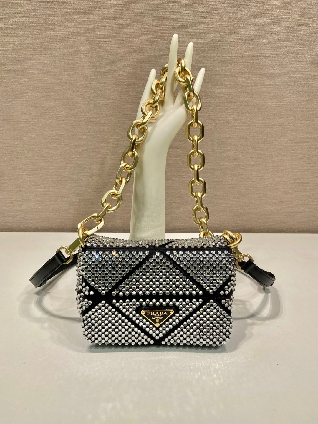 Pra*a Satin Mini-Bag With Crystals Black For Women 6.7 in / 17 cm 1BD329_2AWL_F0522_V_QOO
