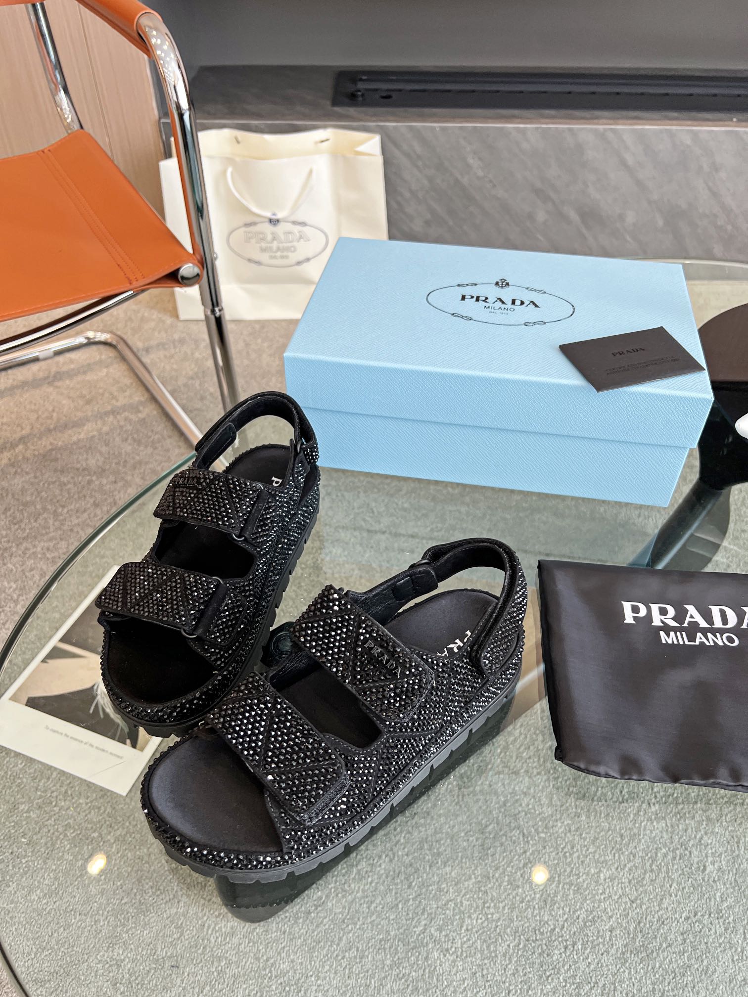Pra*a Satin Sandals With Crystals Black For Women 0.8 in/ 2cm 1X013N_2AWL_F0002_F_020