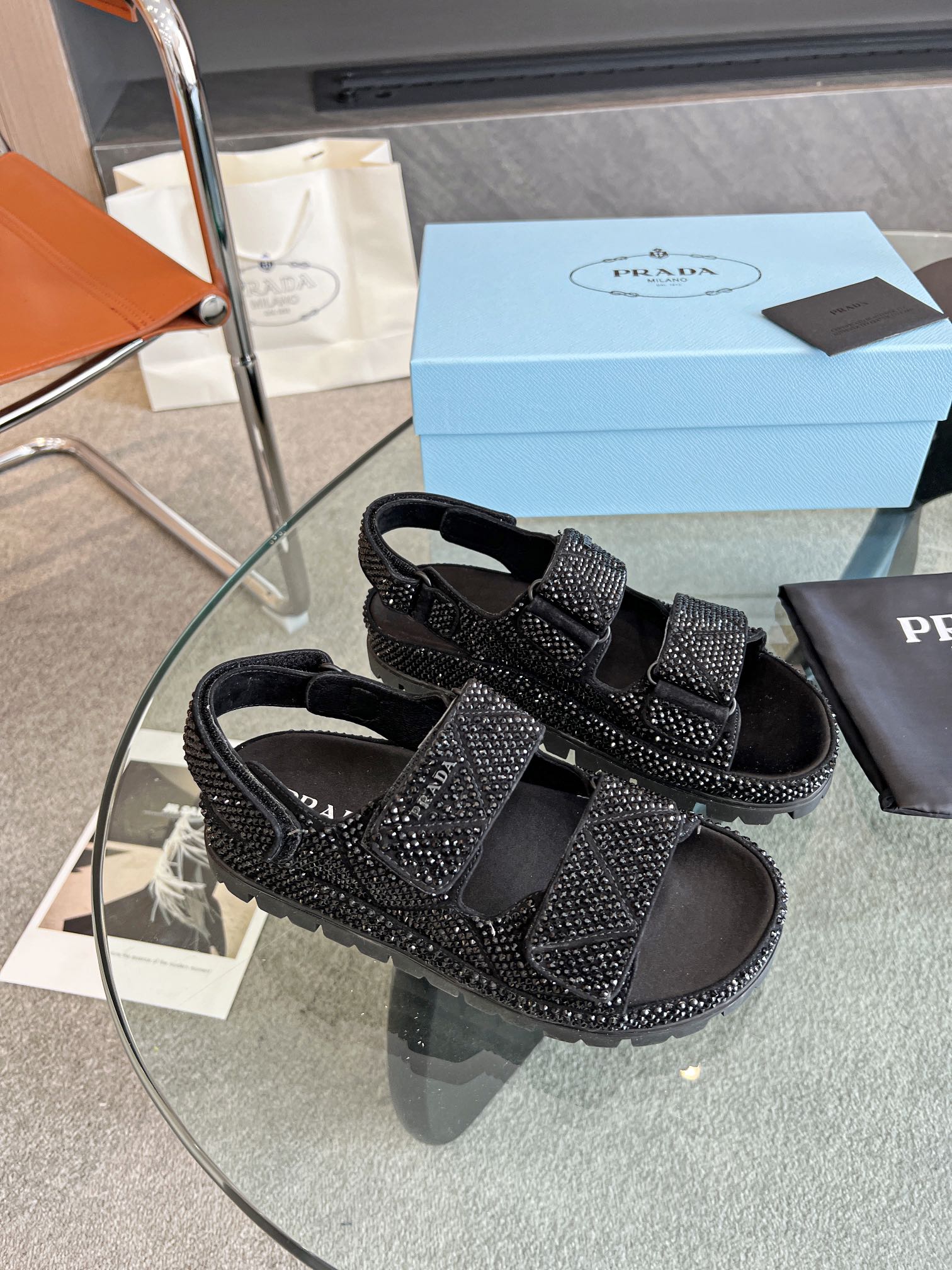 Pra*a Satin Sandals With Crystals Black For Women 0.8 in/ 2cm 1X013N_2AWL_F0002_F_020