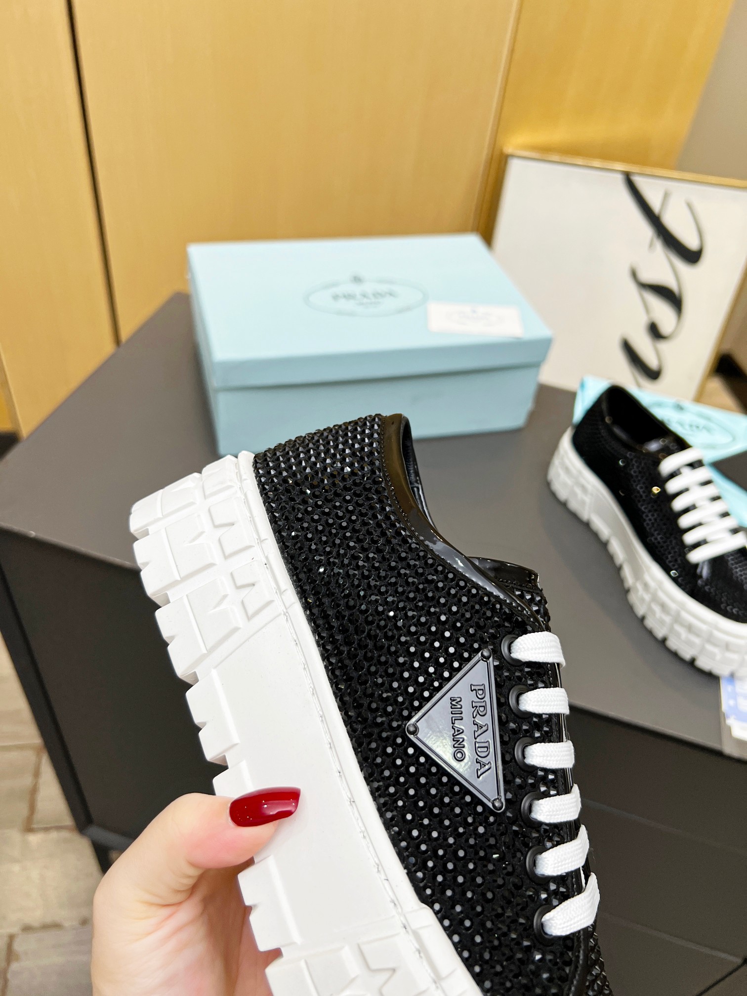 Pra*a Sneakers With Crystals Black For Women 1.9 in/ 5 cm