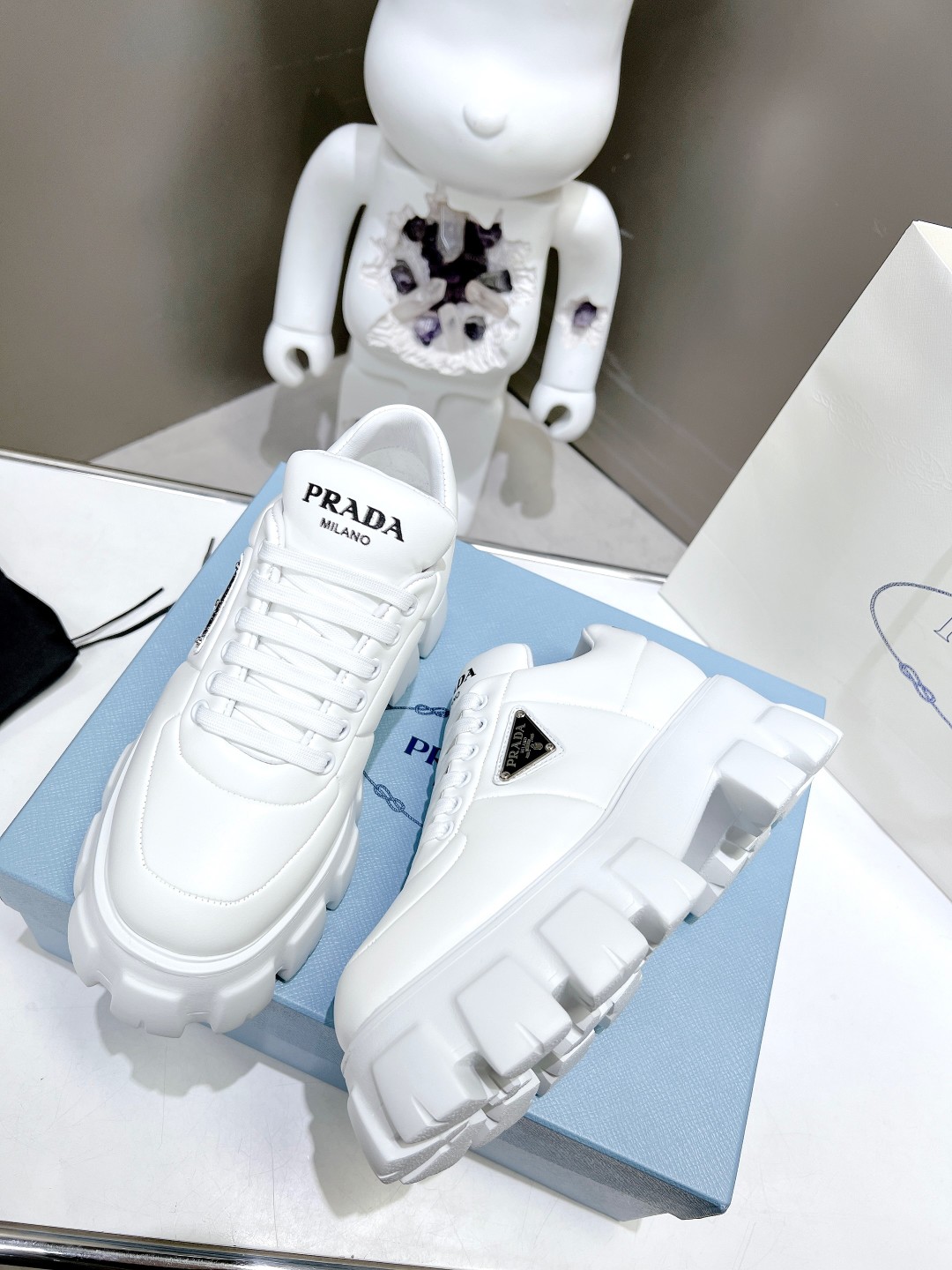 Pra*a Soft Padded Nappa Lace-Up Shoes White For Women 2.1 in/ 5.5 cm 1E119N_2DL8_F0009_F_055