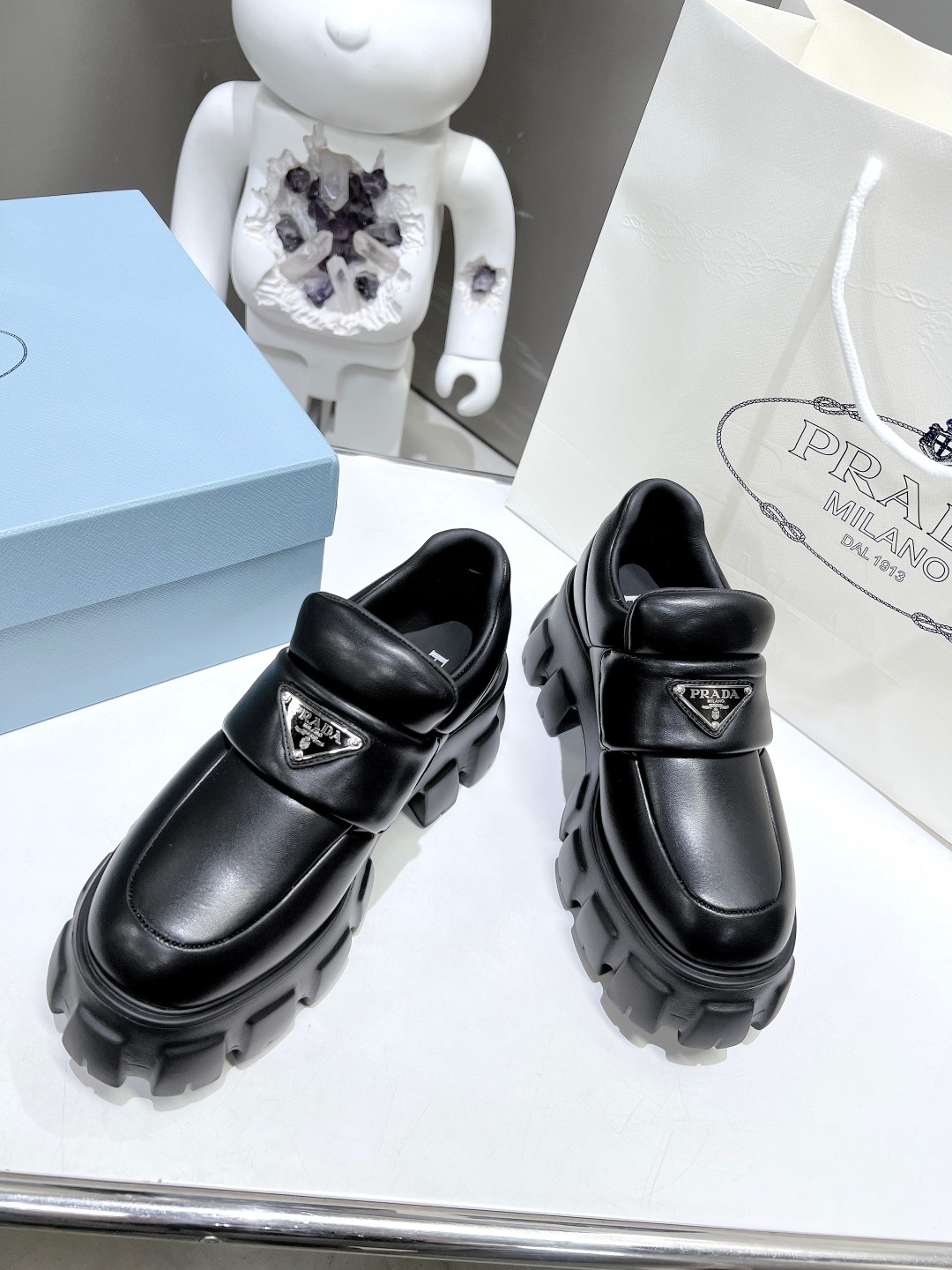 Pra*a Soft Padded Nappa Loafers Black For Women 2.1 in/ 5.5 cm 1D125N_2DL8_F0002_F_055