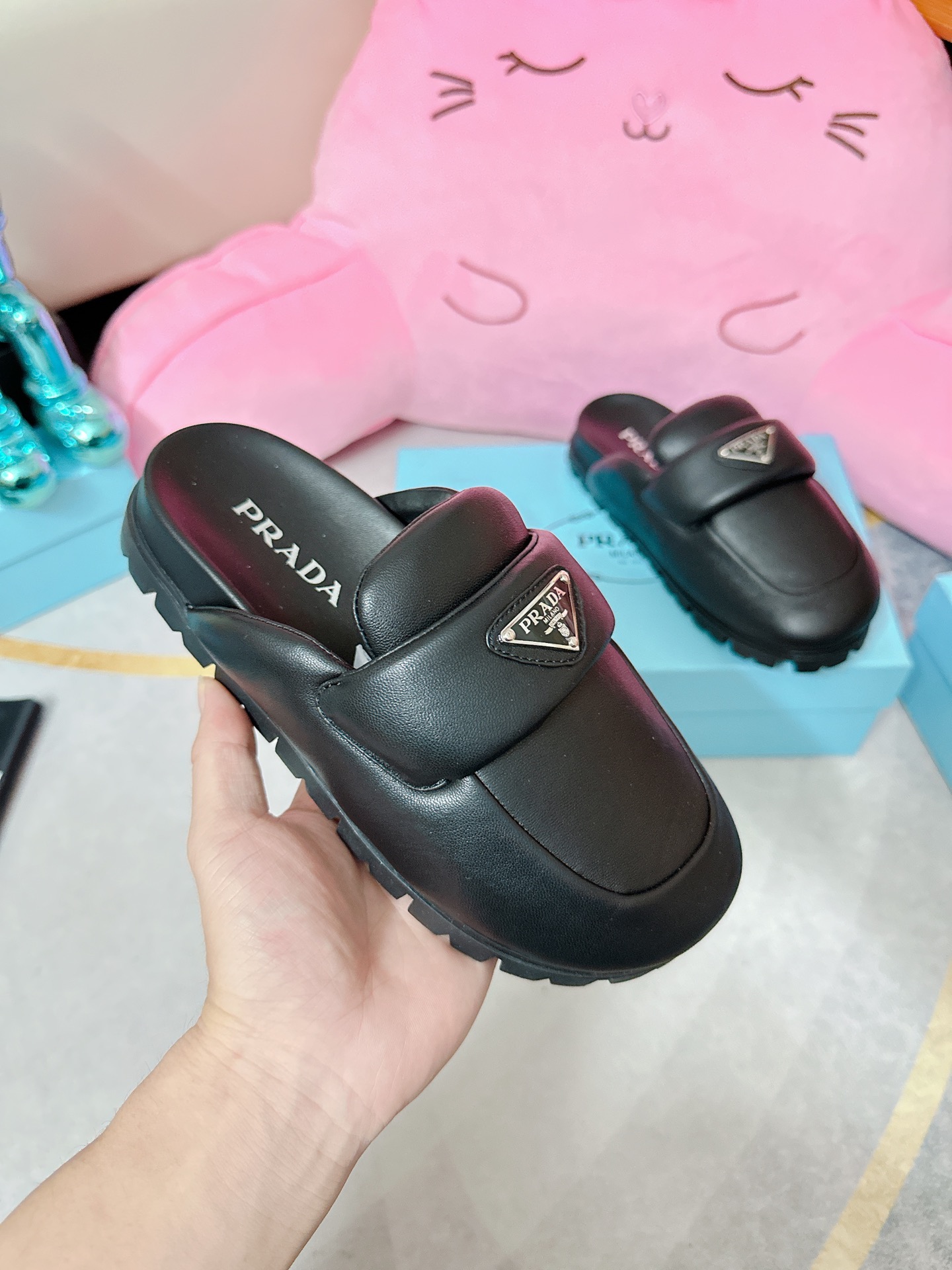 Pra*a Soft Padded Nappa Sabots Black For Women 0.8 in/ 2cm 1S084N_2DL8_F0002_F_020