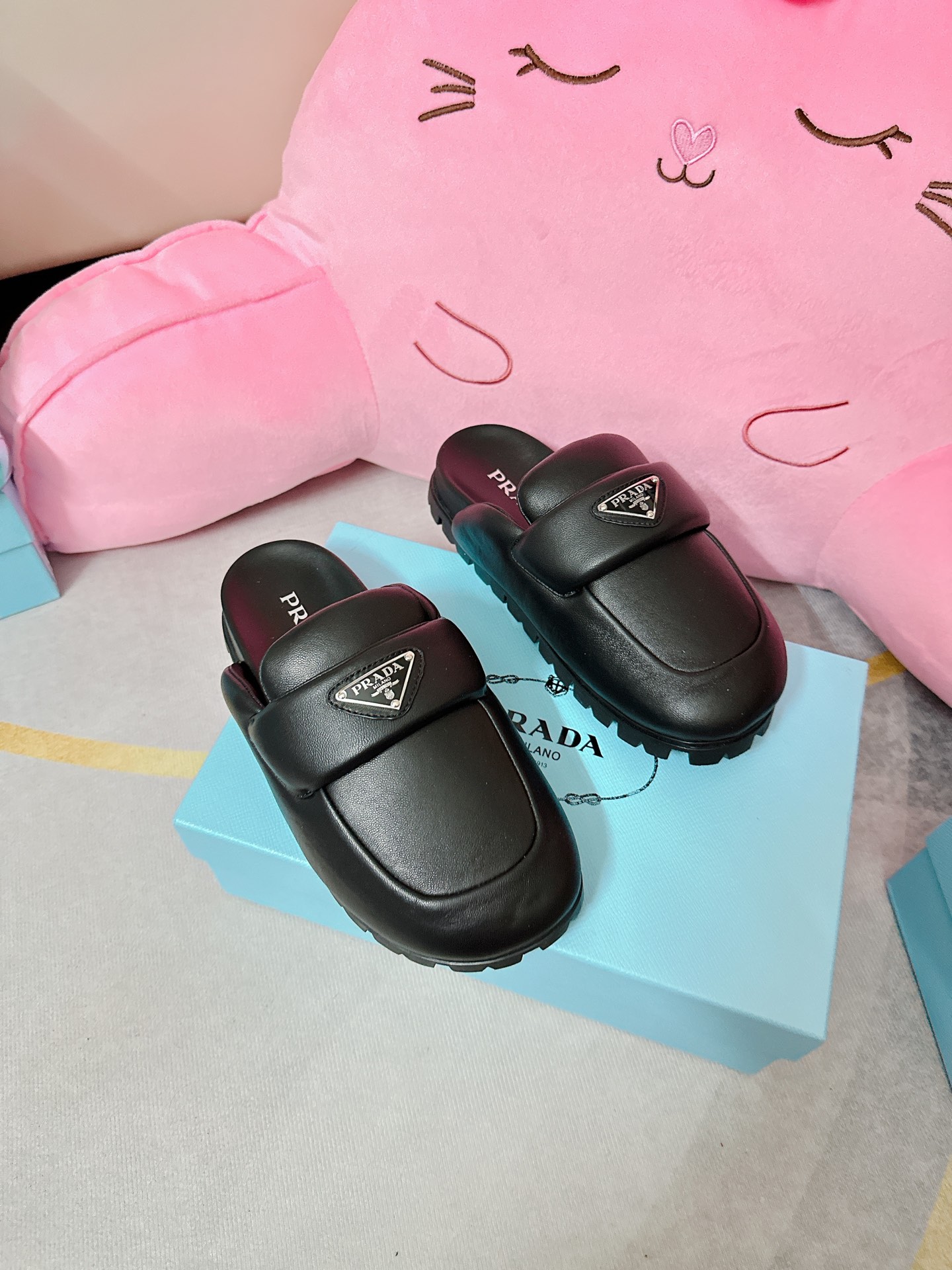 Pra*a Soft Padded Nappa Sabots Black For Women 0.8 in/ 2cm 1S084N_2DL8_F0002_F_020