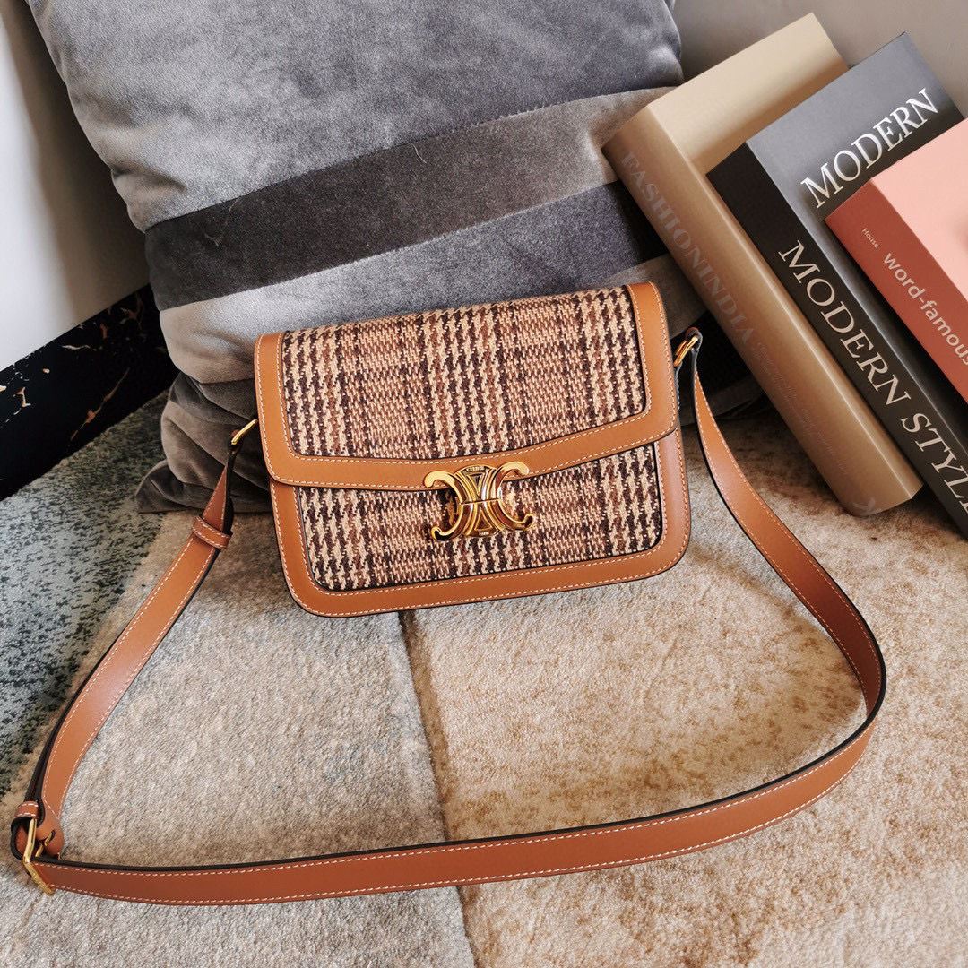 Ce1i*e Teen Triomphe Check Bag Brown For Women‎ 7in/18.5cm