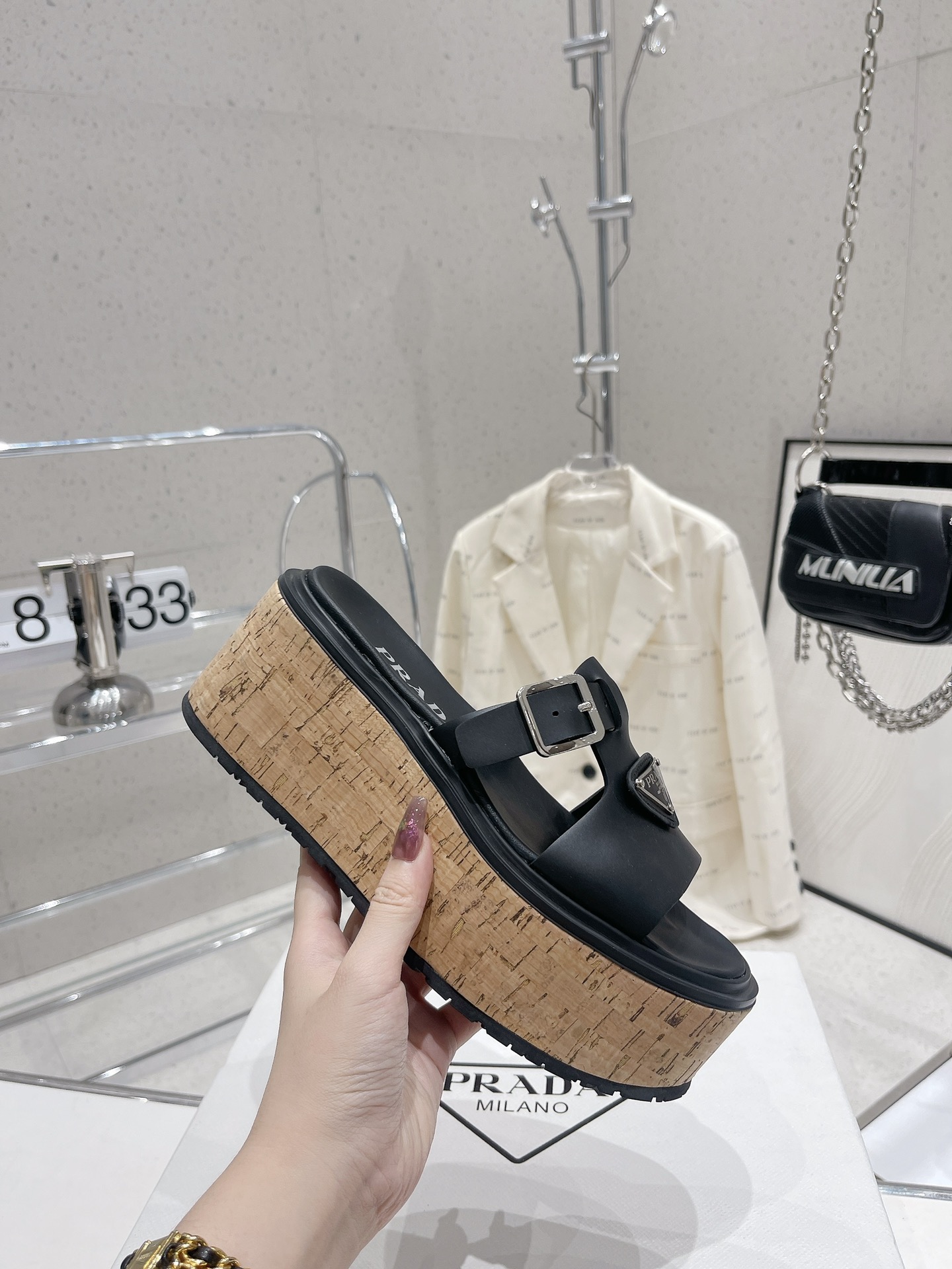 Pra*a Wedge Platform Sandals Black For Women 2.9 in/ 7.5 cm 1XX641_3LLP_F0002_F_075
