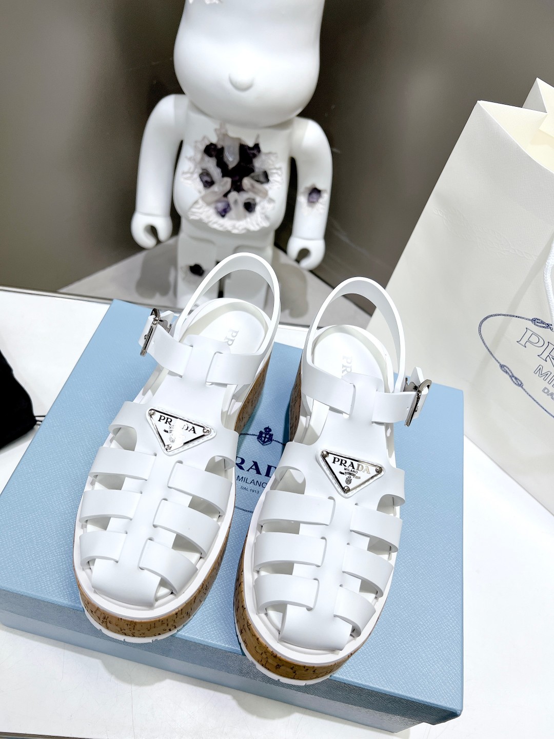 Pra*a Wedge Platform Sandals White For Women 2.9 in/ 7.5cm 1X853M_3LLP_F0009_F_B075