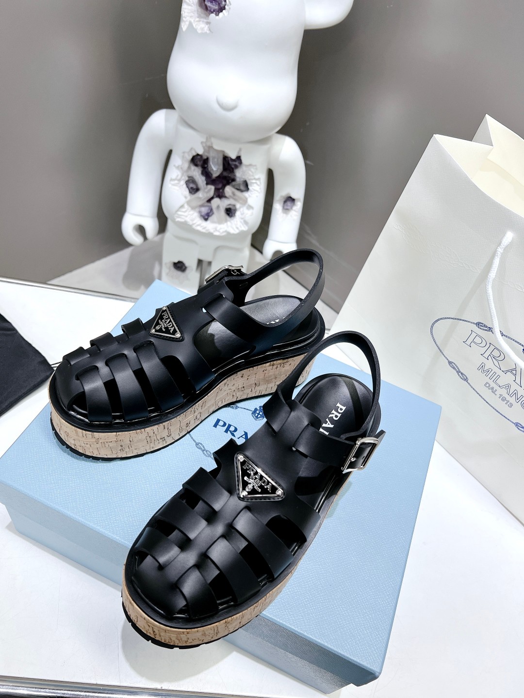 Pra*a Wedge Platform Sandals Black For Women 2.9 in/ 7.5cm 1X853M_3LLP_F0002_F_B075