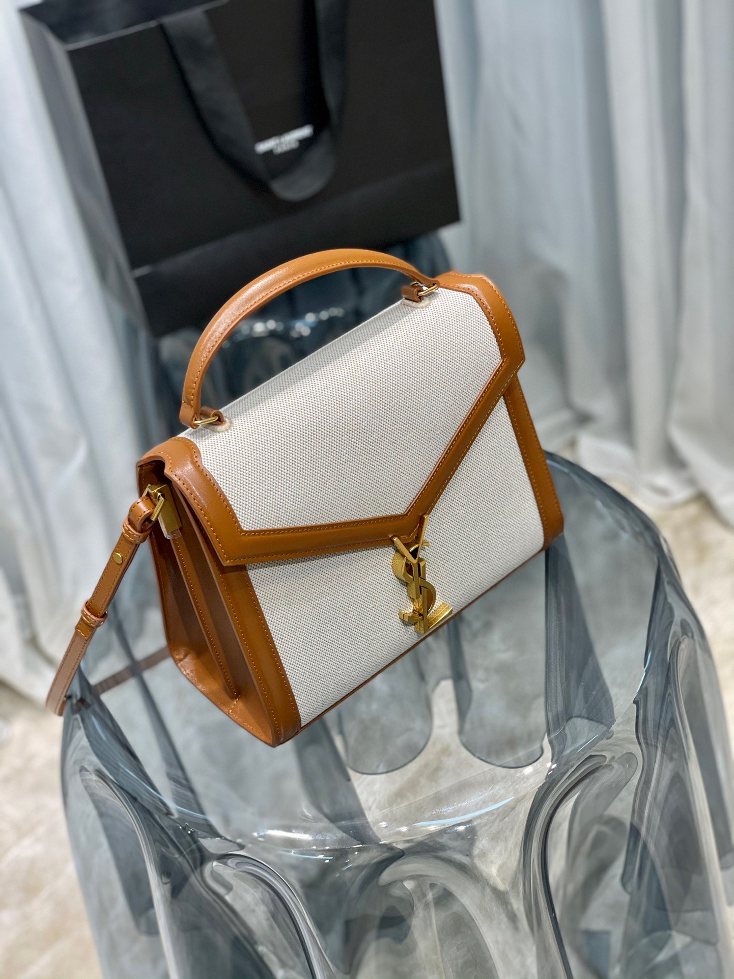Sa1nt Lau*nt Cassandra Medium Top Handle Bag Black/Brown For Women‎ 9.6in/24.5cm 623931BOW0W1000