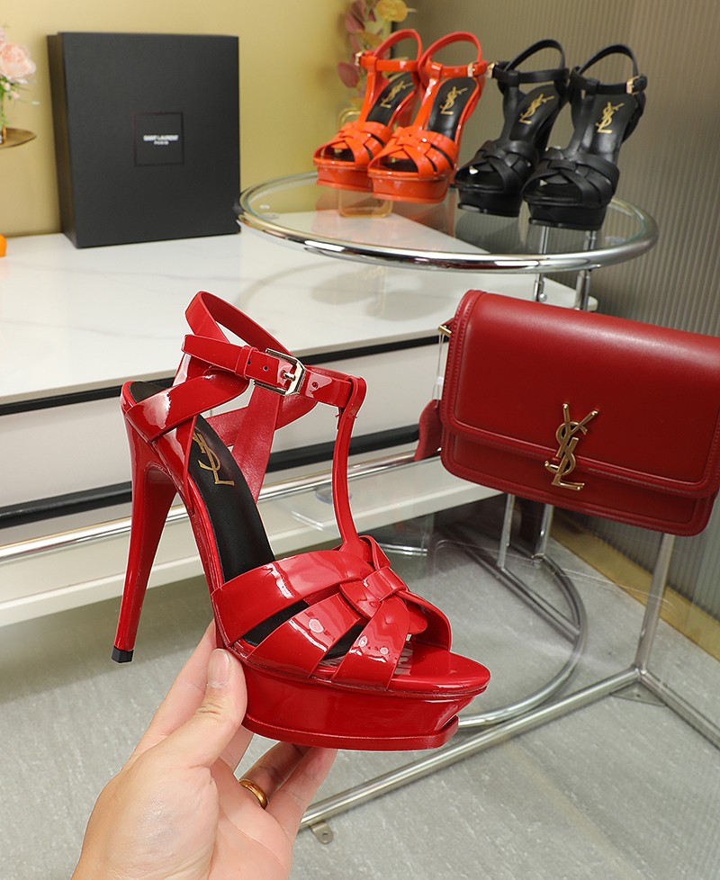 Sa1nt Lau*nt Tribute Platform Sandals In Patent Red For Women