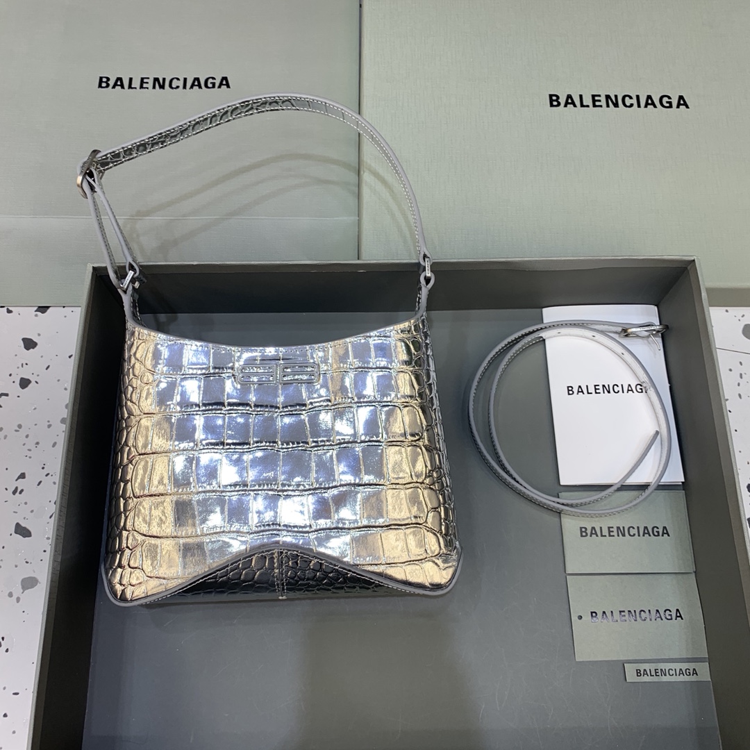 Ba1en*iaga Small Hobo Bag Metalic Sliver Tone For Women 9in/23 cm