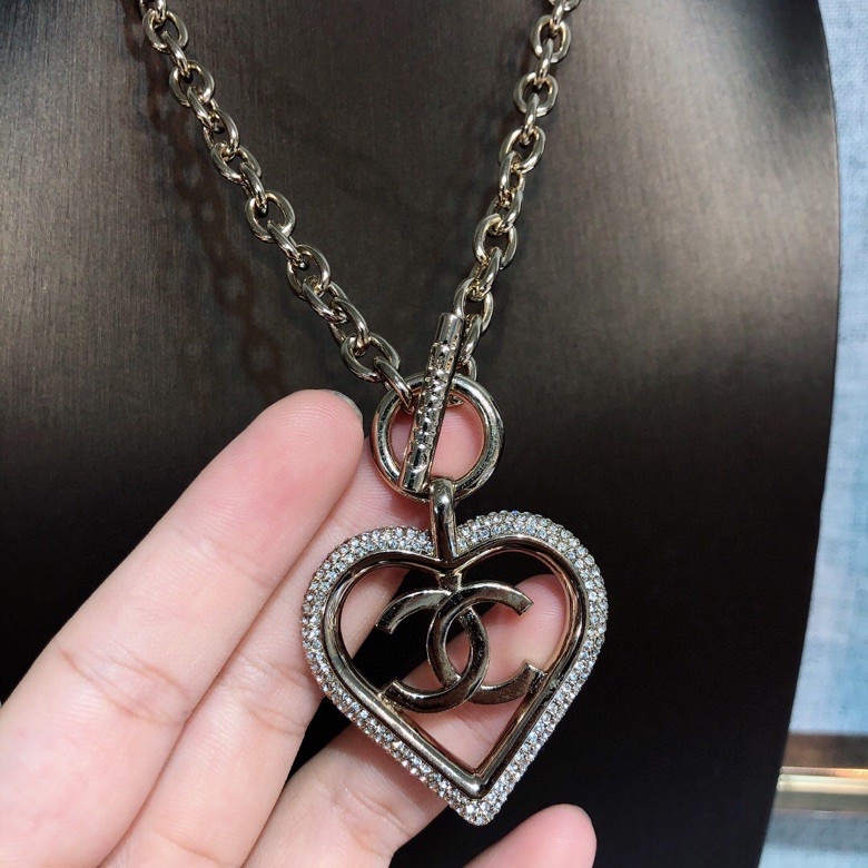 Ch**el Big Heart Frame Necklace Gold Tone For Women