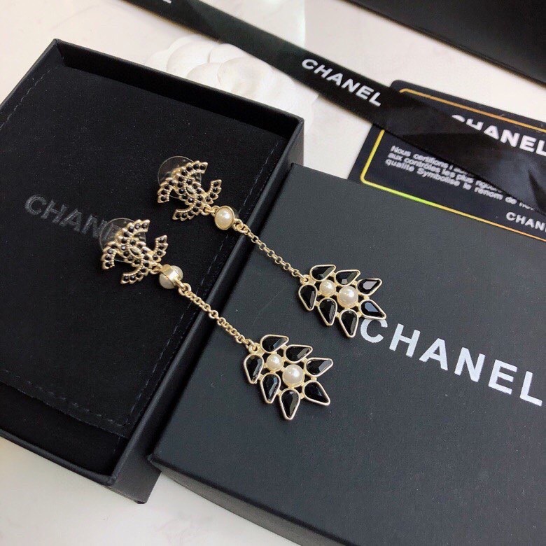 Ch**el Black Petals Earrings Gold Tone For Women