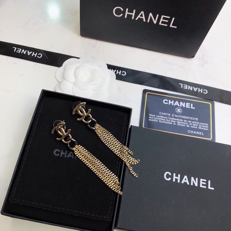 Ch**el Chain Long Shape Earrings Gold Tone For Women