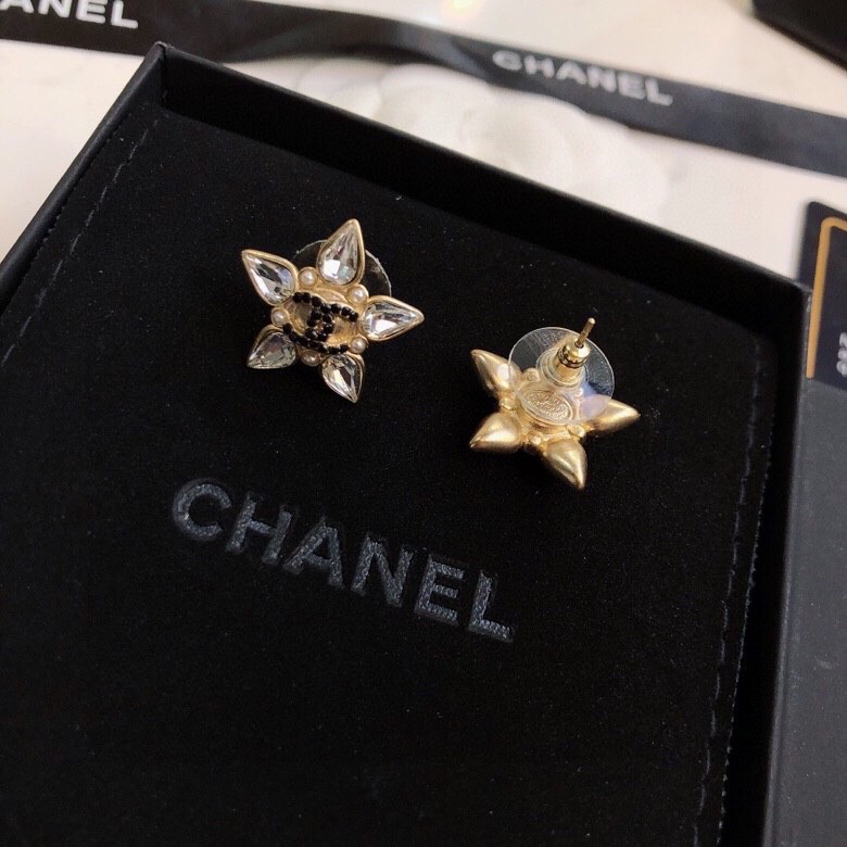 Ch**el Crystal Five Petals Flower Earrings Gold Tone For Women