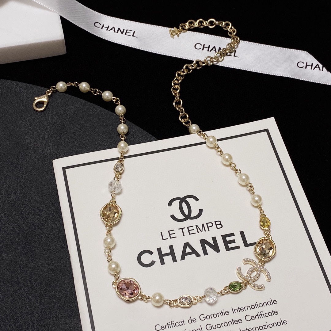 Ch**el Crystal Necklace Gold For Women