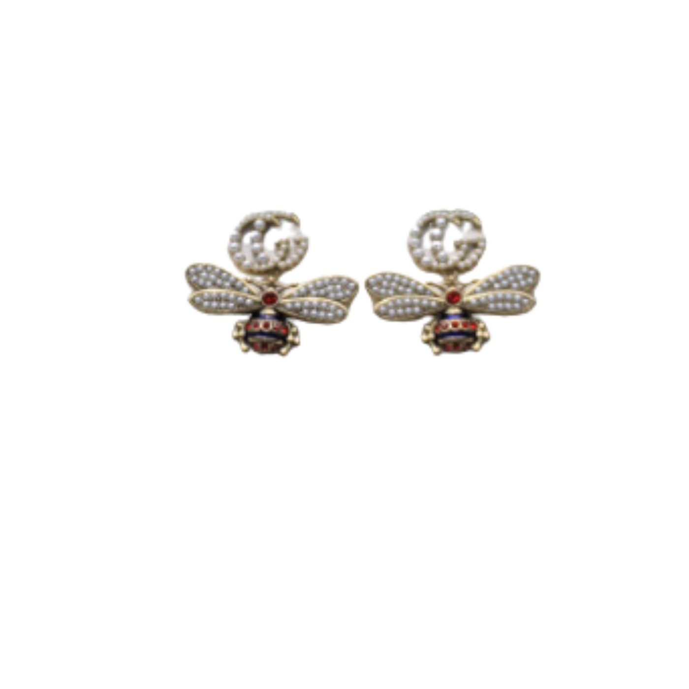 Gvc*1 Interlocking And Bee Pearl Earrings Gold Tone For Women