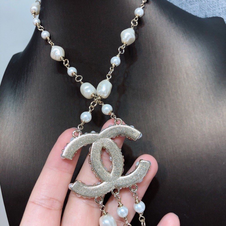 Ch**el Long Stylized Pearl Necklace Gold Tone For Women