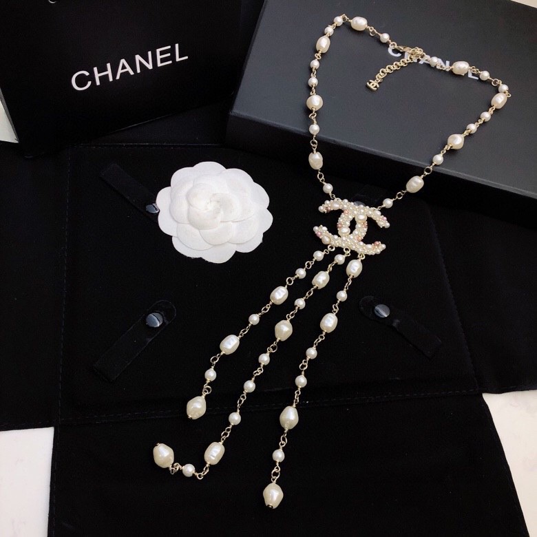 Ch**el Long Stylized Pearl Necklace Gold Tone For Women