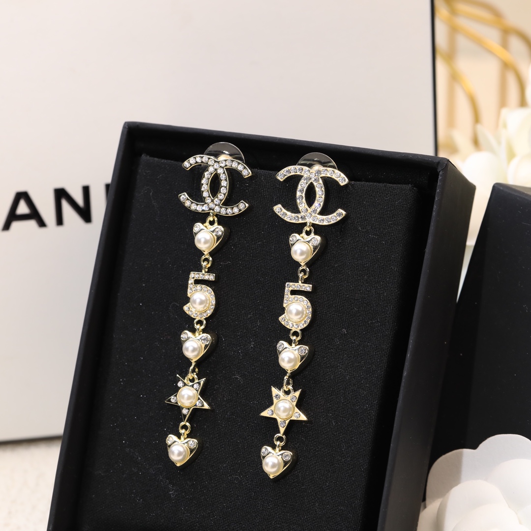 Ch**el Number 5 Long Earrings Gold Tone For Women