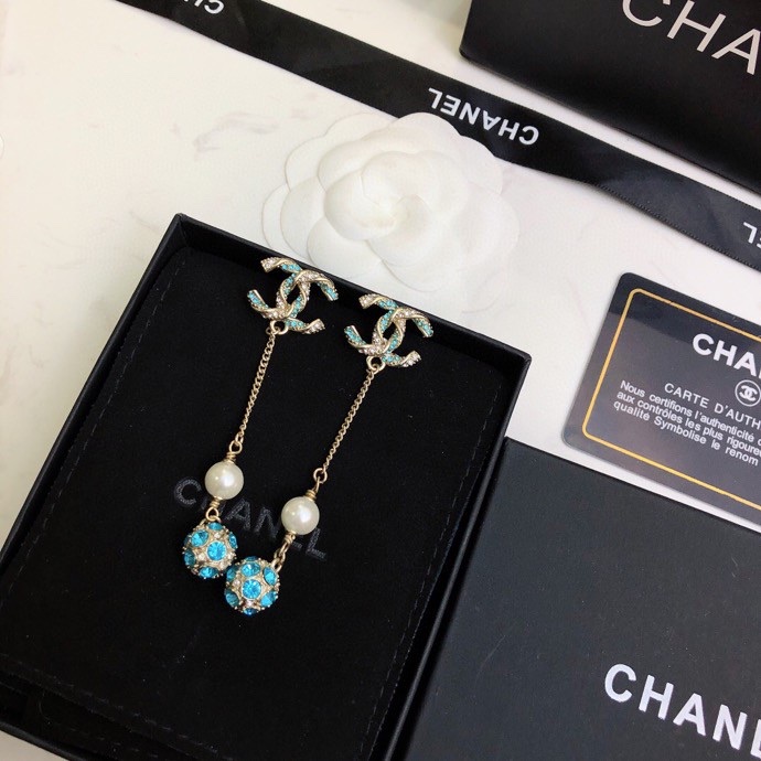 Ch**el Pearl Long Earrings Jade Green For Women