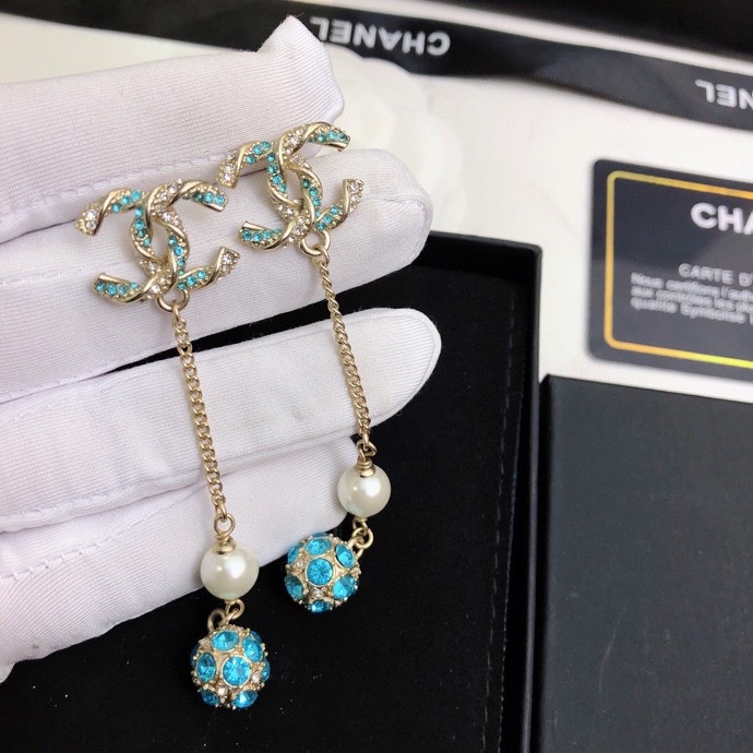 Ch**el Pearl Long Earrings Jade Green For Women