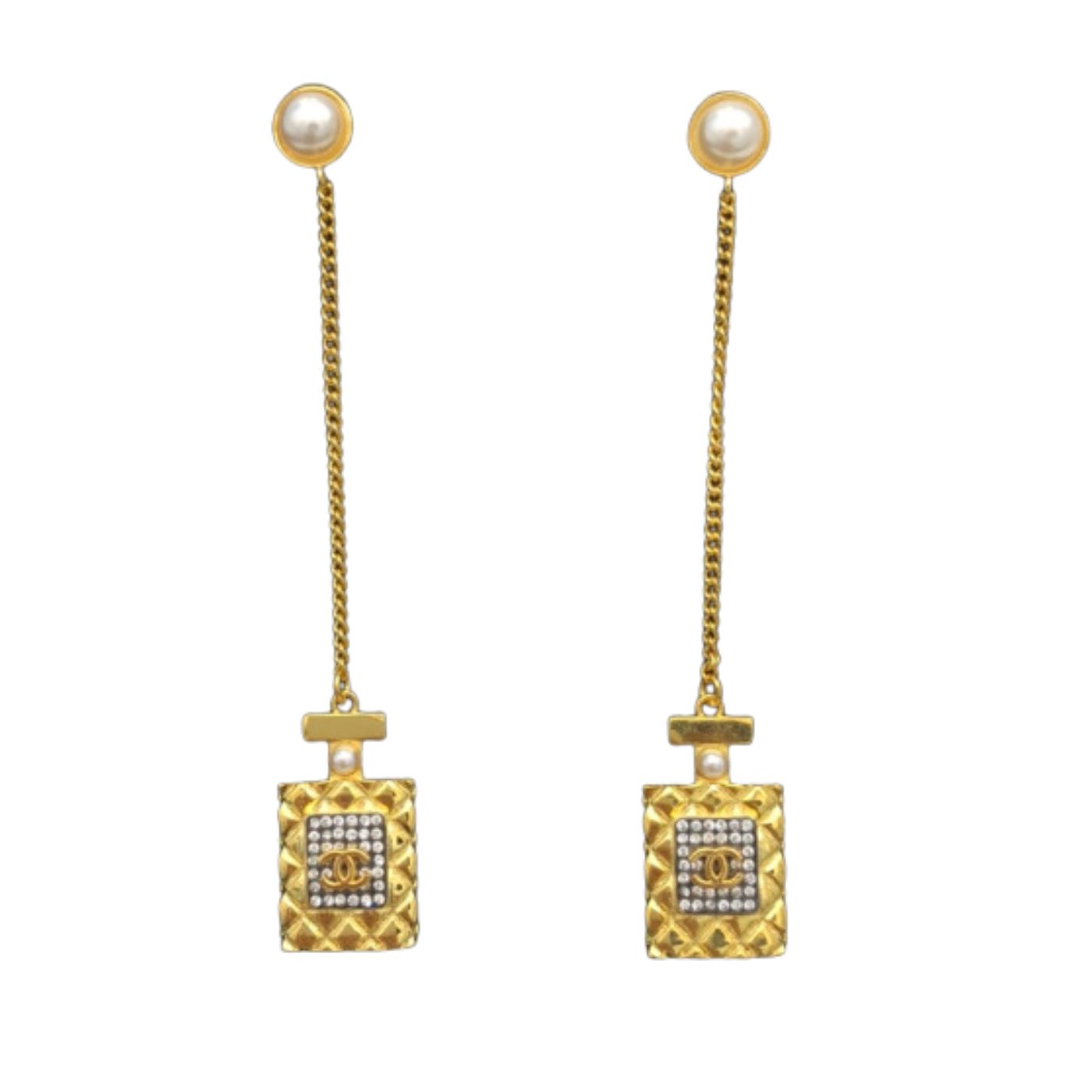 Ch**el Perfume Bottle Heart Earrings Gold For Women
