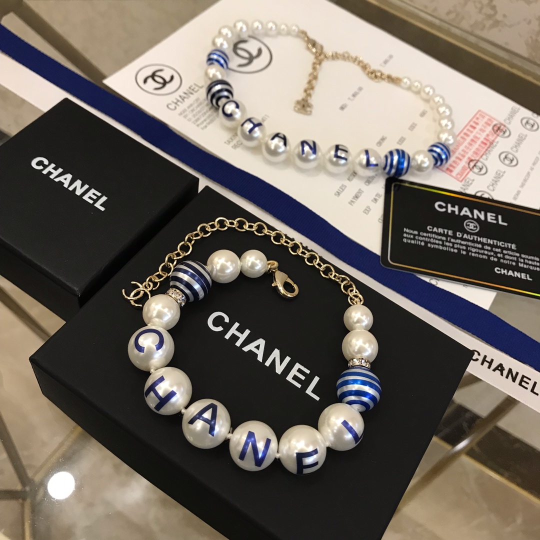 Ch**el Printed Blue C-H-A-N-E-L Bracelet Gold Tone For Women