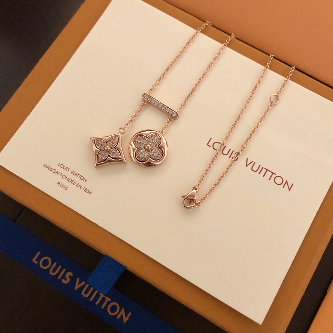 L0vis Vvtt0n Two Blossom Necklace Pink Gold Tone For Women