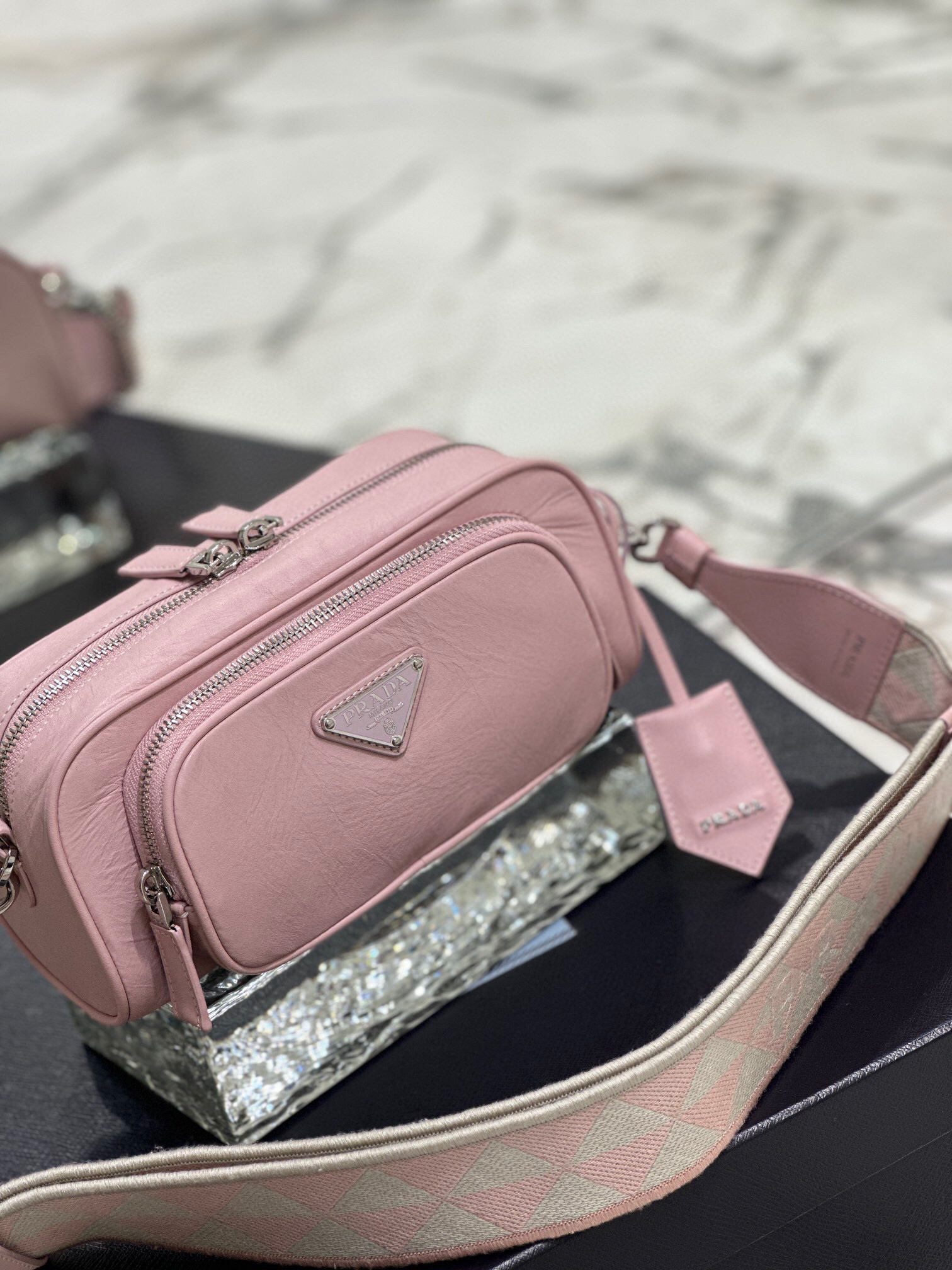 Pra*a Nappa Antique Multi-Pocket Shoulder Bag In Grey/Black/Pink For Women 8.6 in/ 22cm 1BH198_UVL_F0480_V_4OO