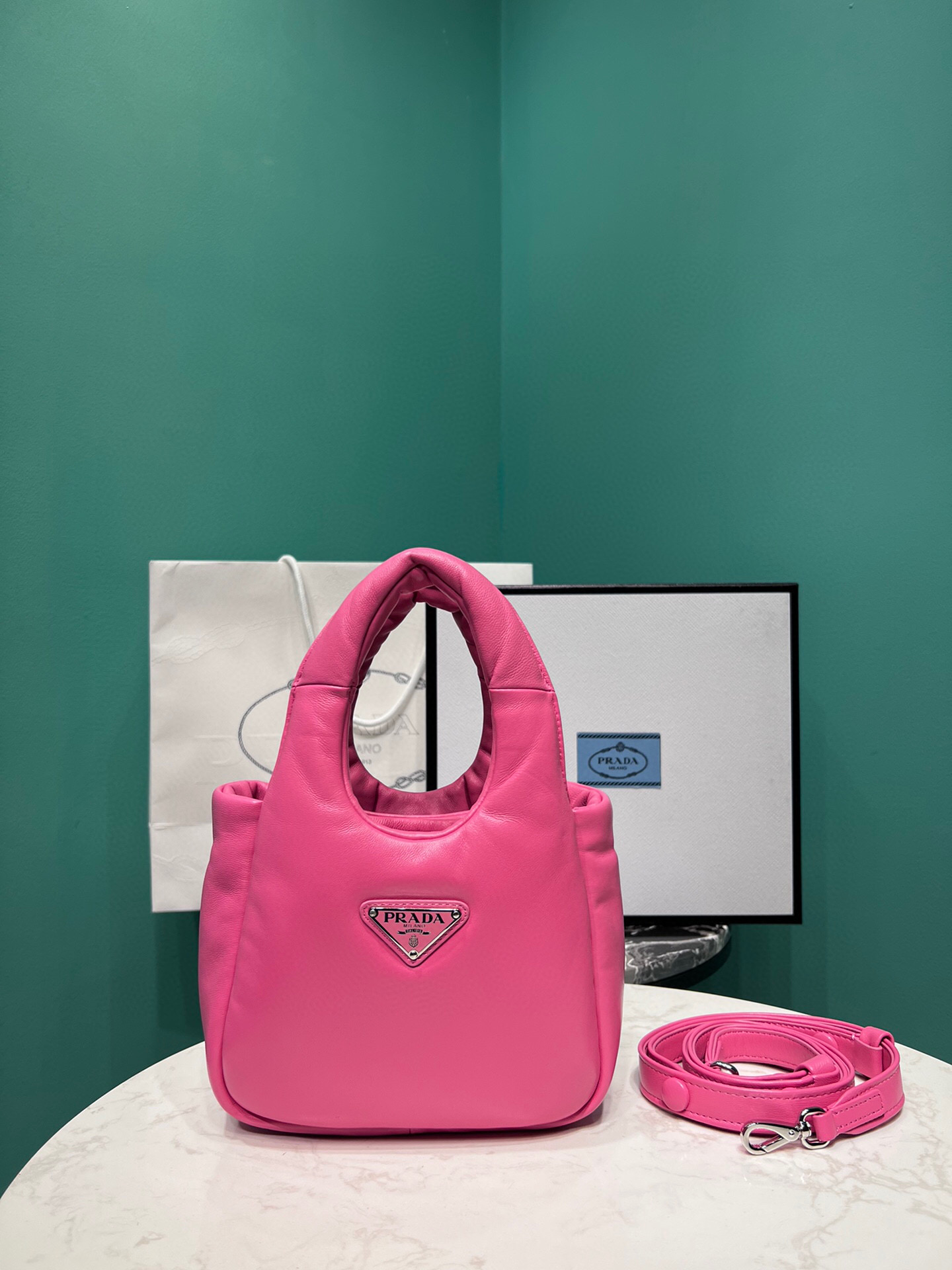 Pra*a Small Padded Pra*a Soft Nappa Bag In Pink For Women 7.1 in/ 18 cm