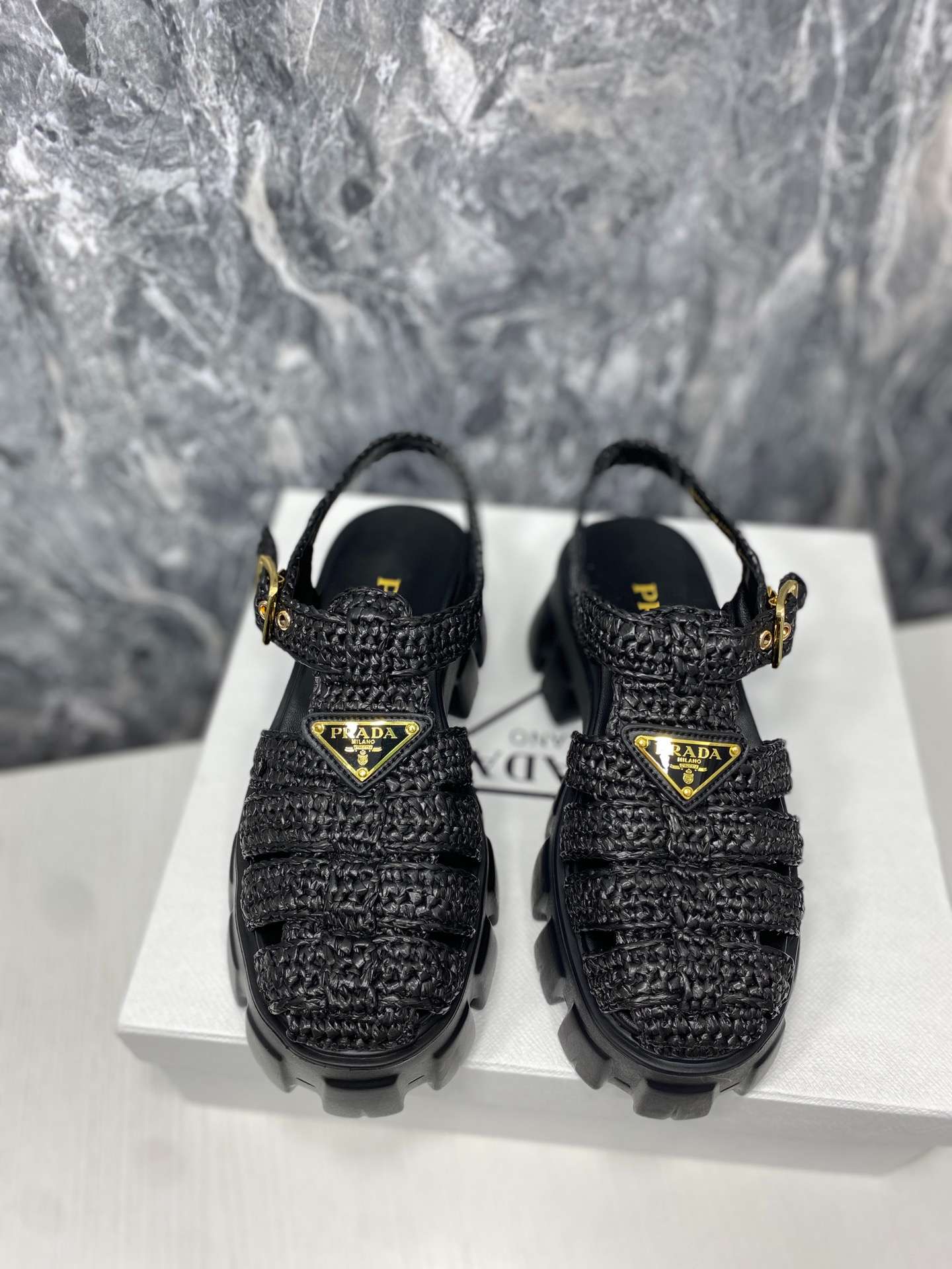 Pra*a Monolith Crochet Cage Sandals Black For Women