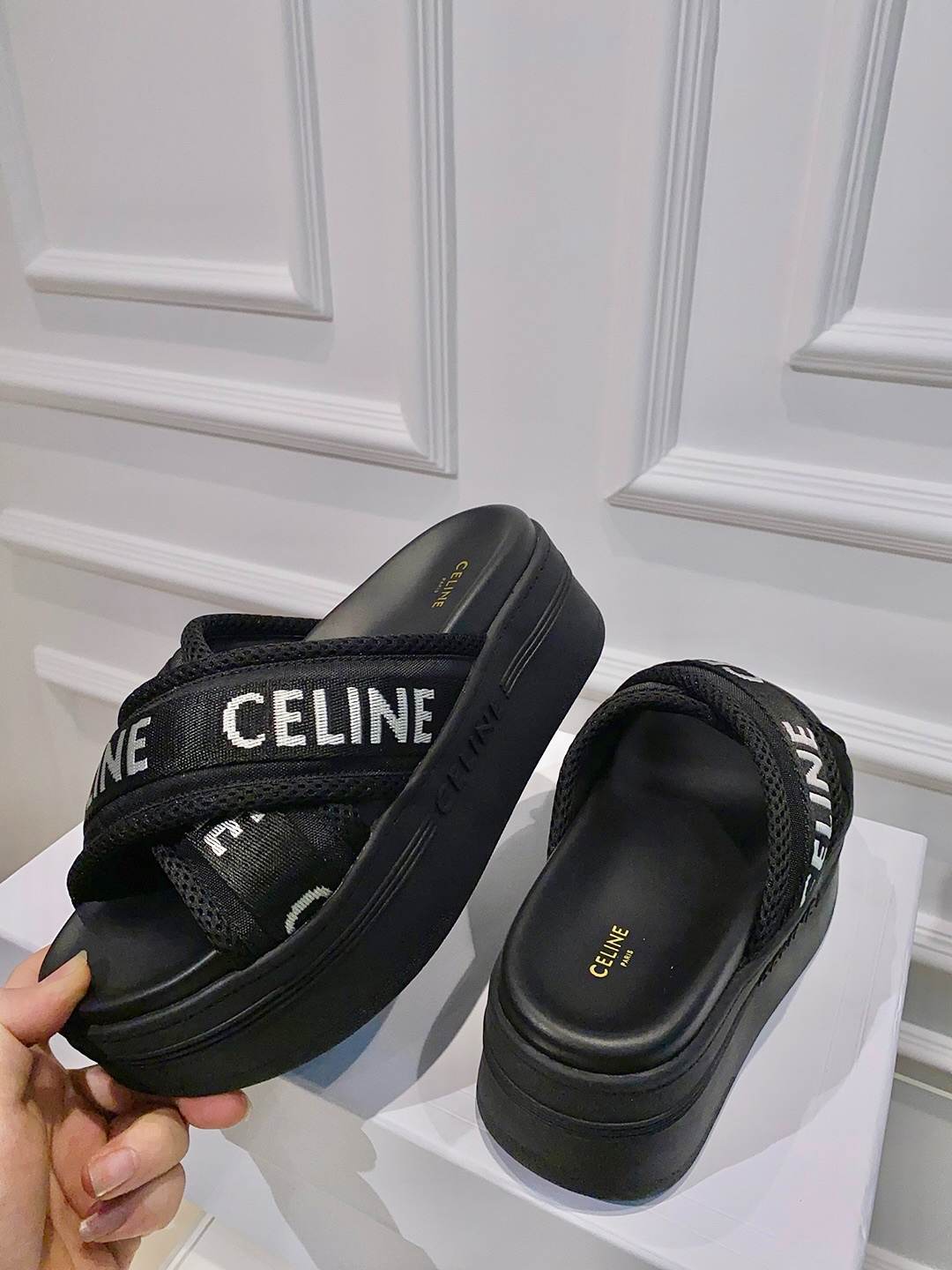 Ce1i*e Block Slide In Mesh And Textile With Ce1i*e Jacquard Black For Women 354412276C.38AB