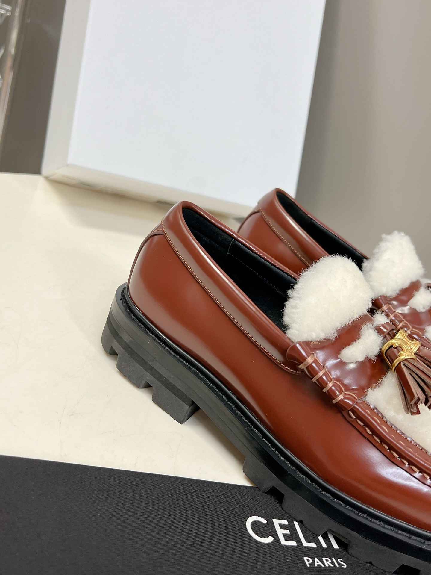 Ce1i*e Margaret Fur Loafer With Tassels Burgundy For Women