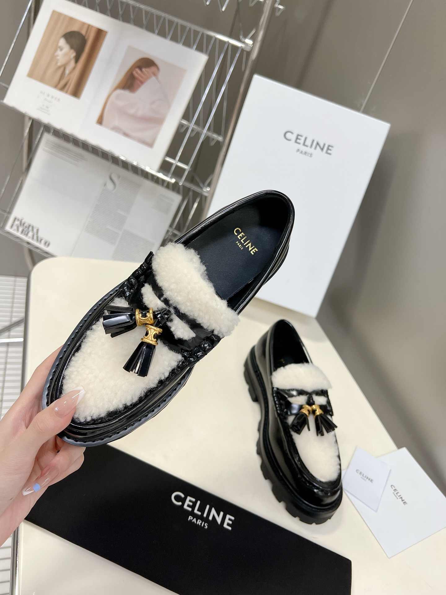 Ce1i*e Margaret Fur Loafer With Tassels Black For Women