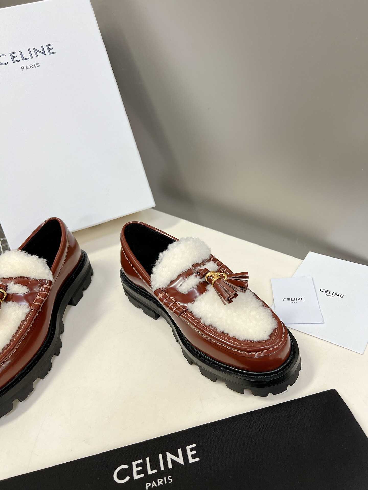 Ce1i*e Margaret Fur Loafer With Tassels Burgundy For Women