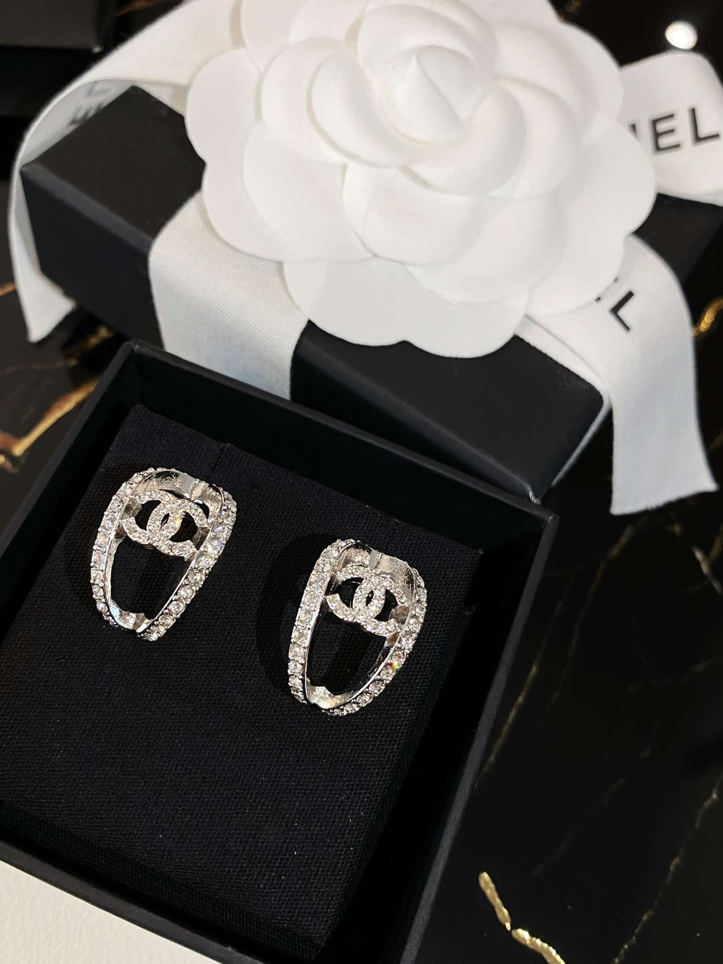 Ch**el Hollow Moon Shape Earrings Silver For Women