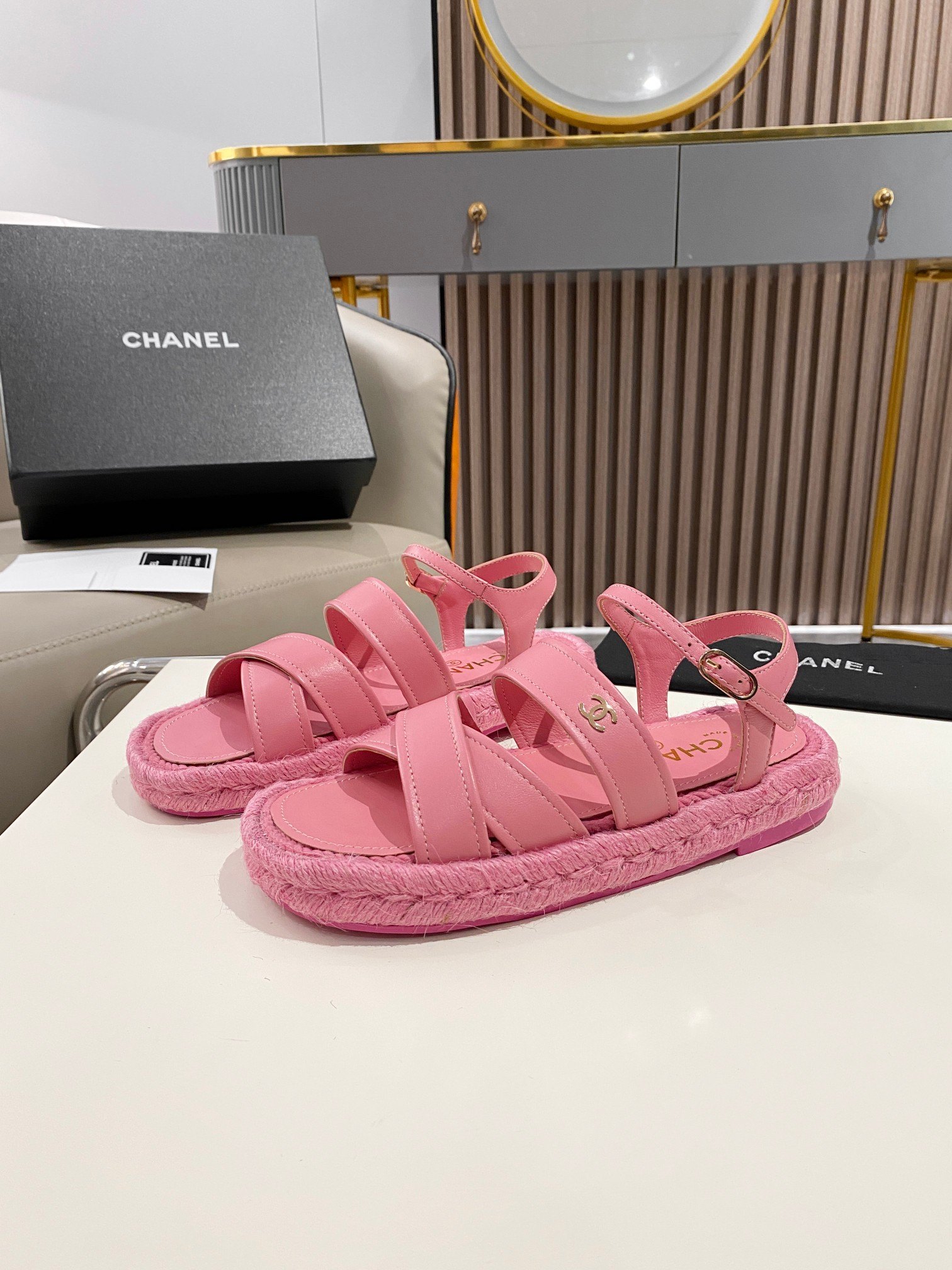 Ch**el Straw Weave Strap Thick Sole Crossbody Pink For Women