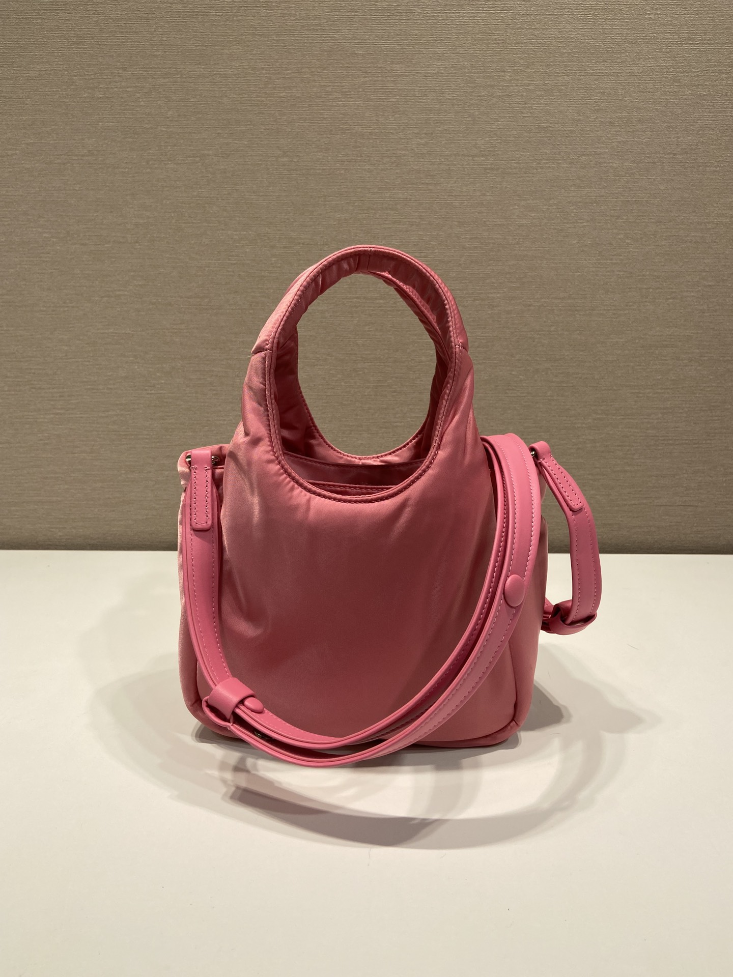 Pra*a Soft Padded Re-Nylon Mini-Bag White/Pink/Beige For Women 7.1in/18cm 1BA359_RCCJ_F0009_V_OVM