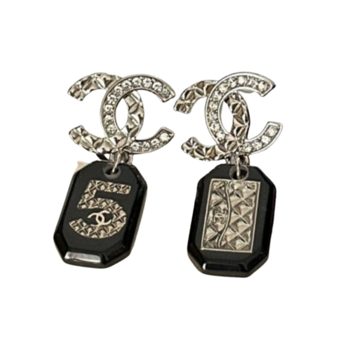 Ch**el Crystal Tassel Square Earrings Black For Women
