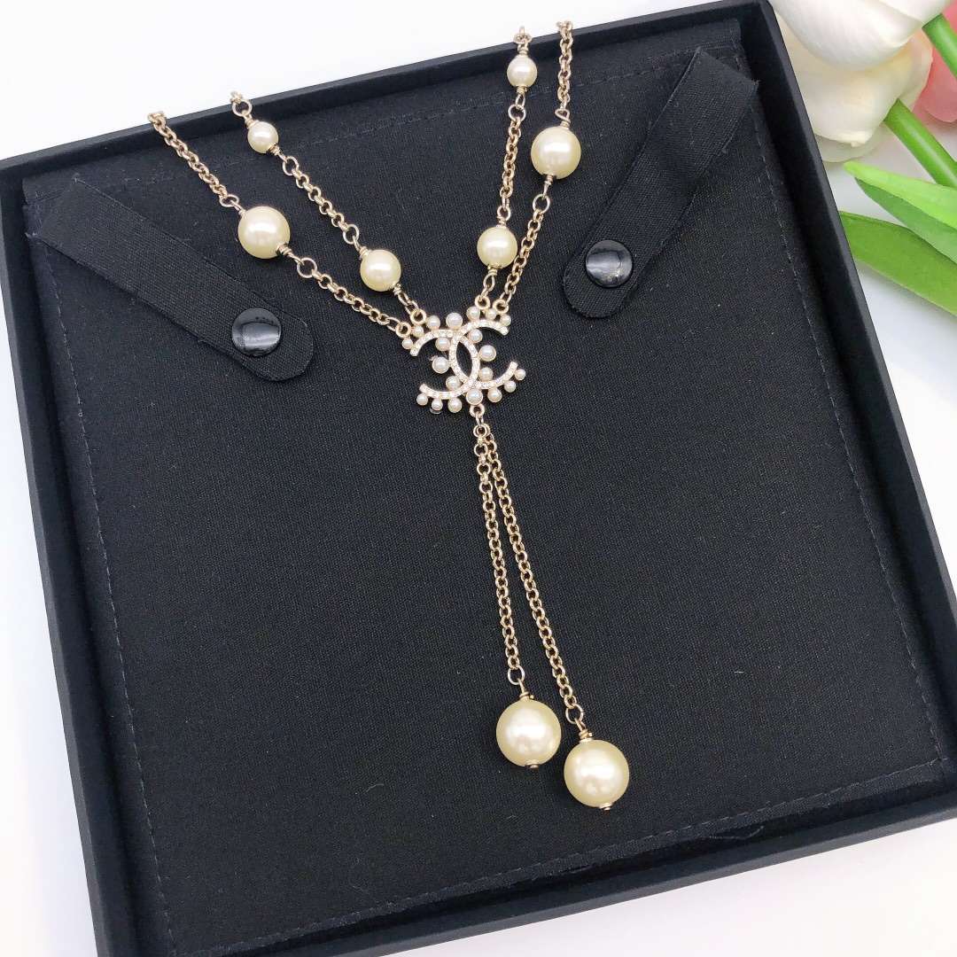 Ch**el Pearl Double C Rice Beads Large And Small Necklace Gold For Women