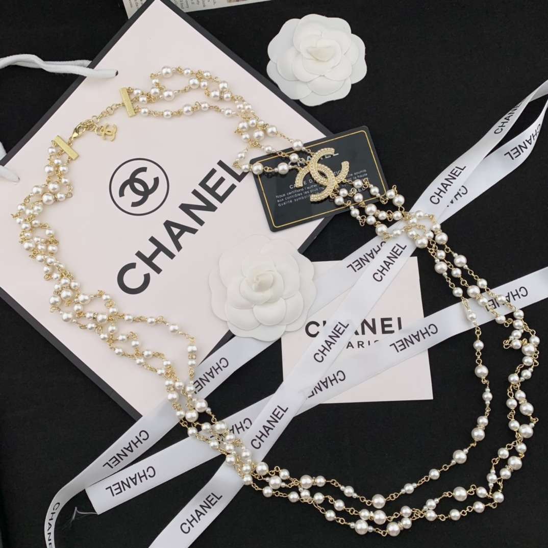 Ch**el Three-Layer Pearl Necklace Gold For Women
