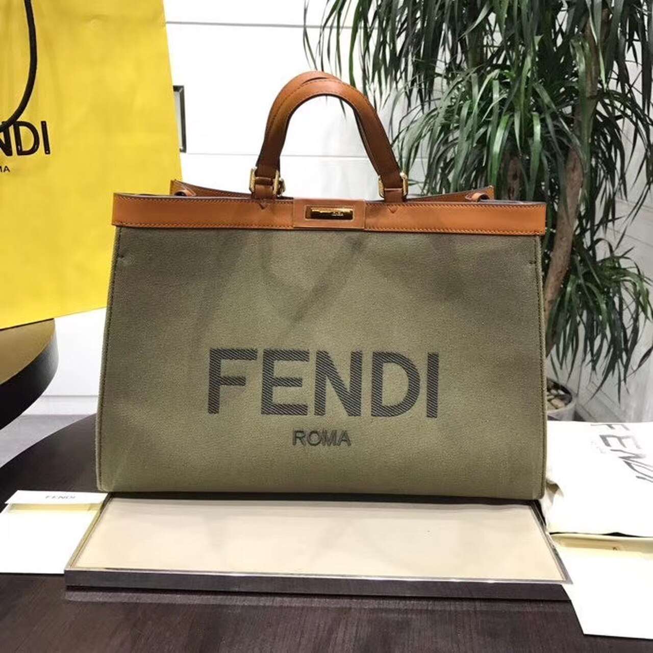 F**di Peekaboo X-Tote Canvas Bag Green Khaki For Women 16.1in/41cm FF 8BH374