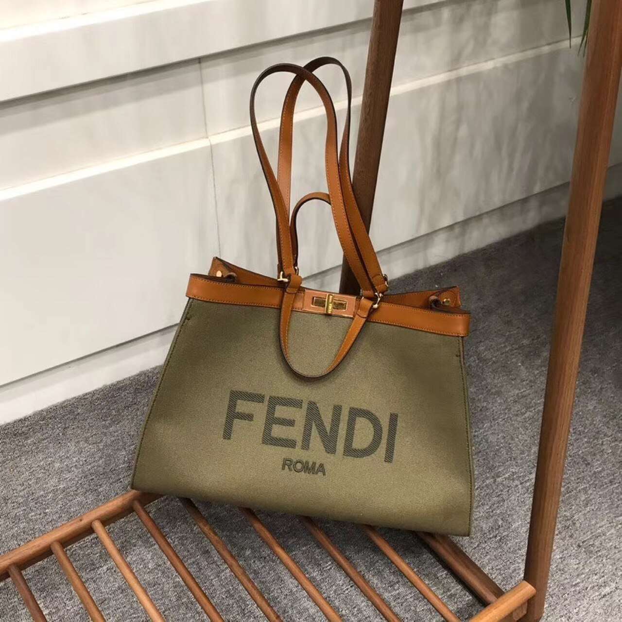 F**di Peekaboo X-Tote Canvas Bag Green Khaki For Women 16.1in/41cm FF 8BH374